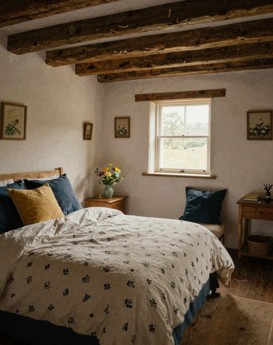 Rustic bedroom with wooden beams — Rustic bedroom with wooden beams. Natural photographic detail, balanced composition, expressive light and clear subject separation. Create a…