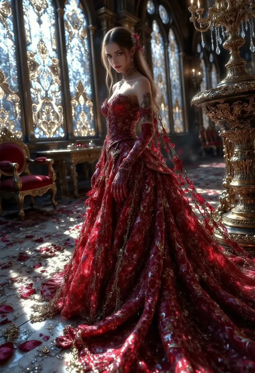 Crimson gown in a glass palace — Crimson gown in a glass palace. Expressive illustration, harmonious colors, a clear focal point and carefully arranged details. Create a new…