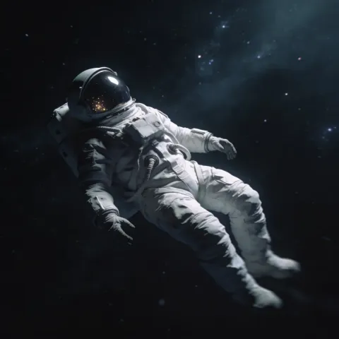 Drifting astronaut — A lone astronaut floating in a dark star field, silver suit illuminated by a narrow cool light.