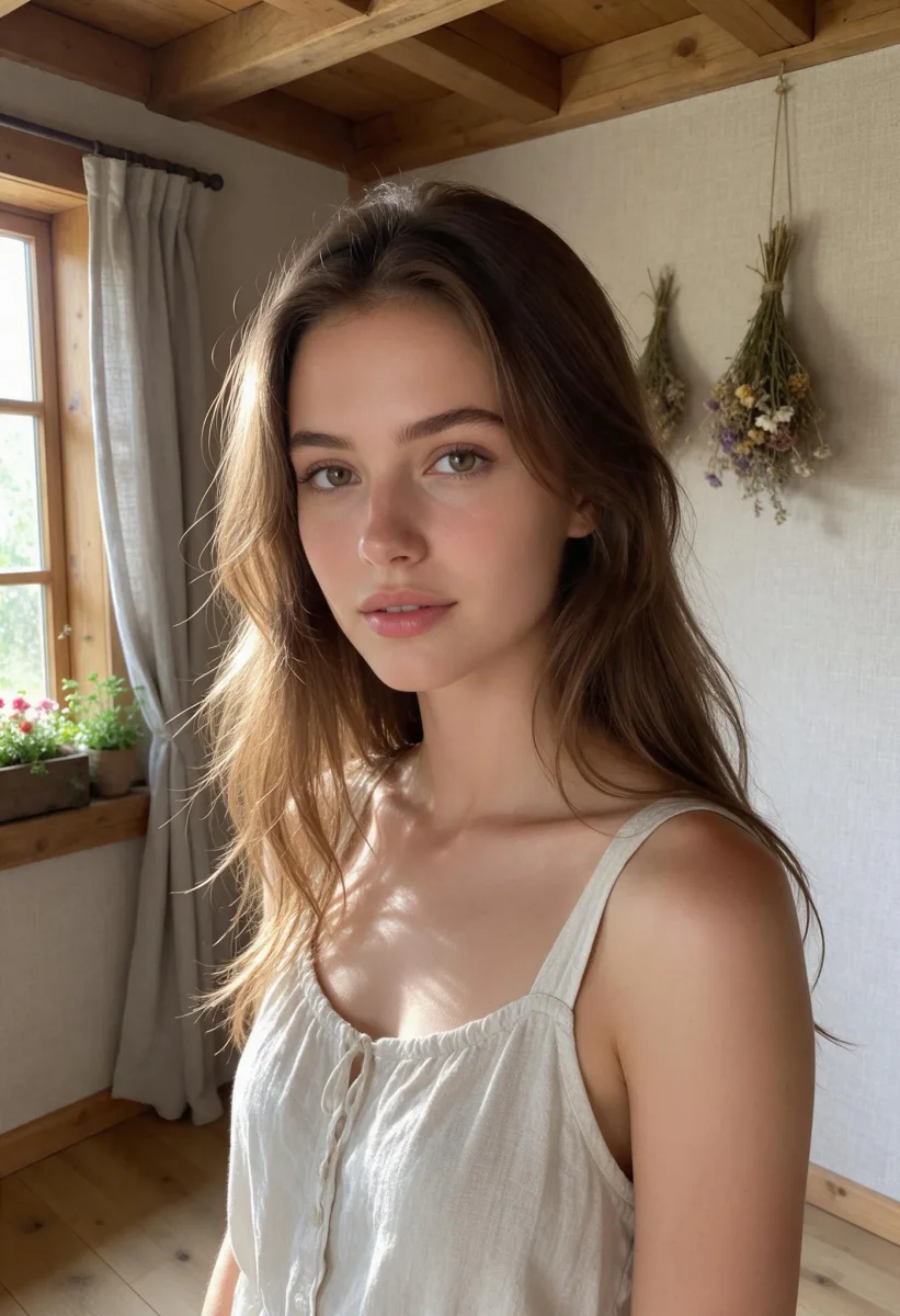 Natural portrait in a wooden room — Natural portrait in a wooden room. Natural photographic detail, balanced composition, expressive light and clear subject separation. Create a…