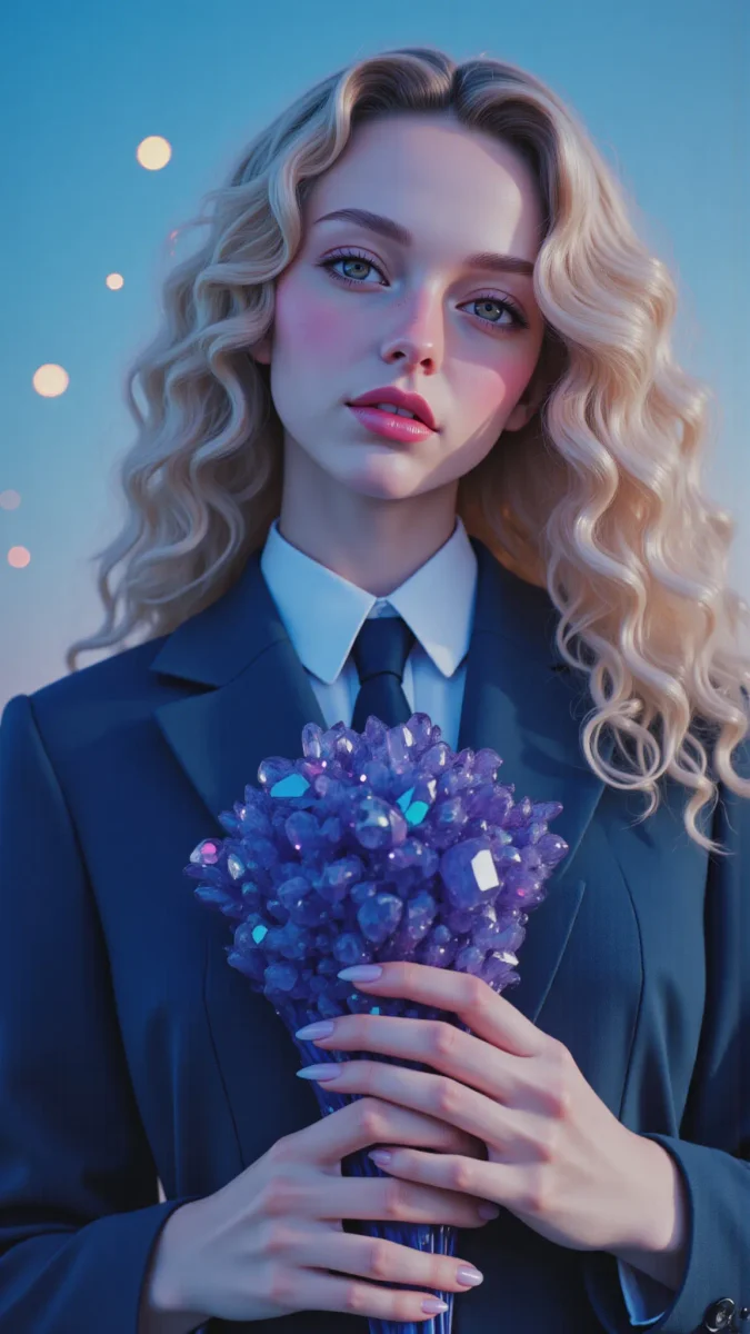 Blue suit with purple flowers — Blue suit with purple flowers. Expressive illustration, harmonious colors, a clear focal point and carefully arranged details. Create a new…