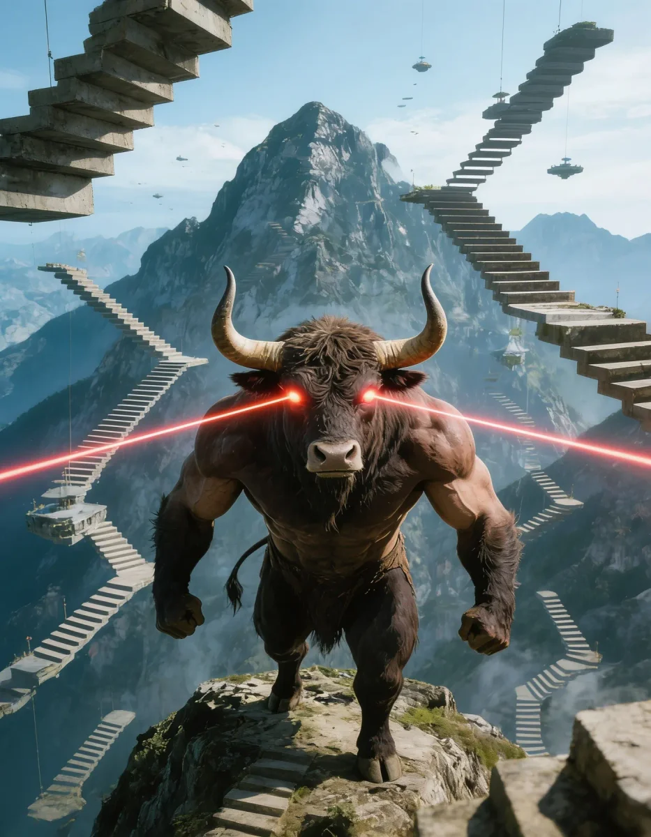 Minotaur on impossible stairs — Minotaur on impossible stairs. An imaginative character study with distinctive materials, expressive posture and cinematic lighting. Create a new…