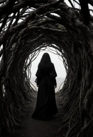Silhouette in a woven branch tunnel — Silhouette in a woven branch tunnel. Expressive illustration, harmonious colors, a clear focal point and carefully arranged details. Create…