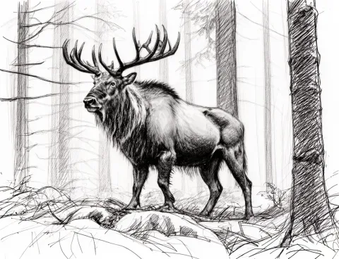 Elk in a winter forest sketch — Elk in a winter forest sketch. Expressive illustration, harmonious colors, a clear focal point and carefully arranged details. Create a new…