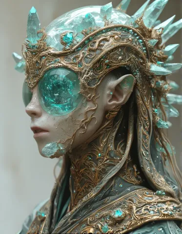 Crystal oracle — An original ornate figure with turquoise crystal goggles and gold filigree, pale luminous skin and intricate headpiece.