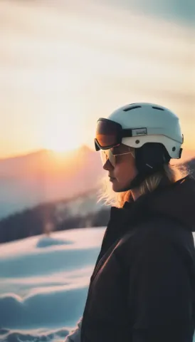 Ski helmet portrait at sunrise — Ski helmet portrait at sunrise. Natural photographic detail, balanced composition, expressive light and clear subject separation. Create a new…