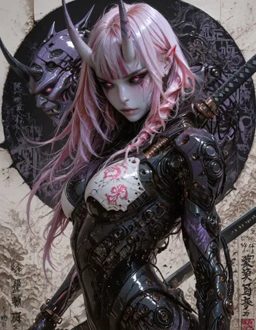 Armored horned warrior — An original silver-pink-haired horned warrior in intricate dark armor, textured stone background and fine fantasy detail.