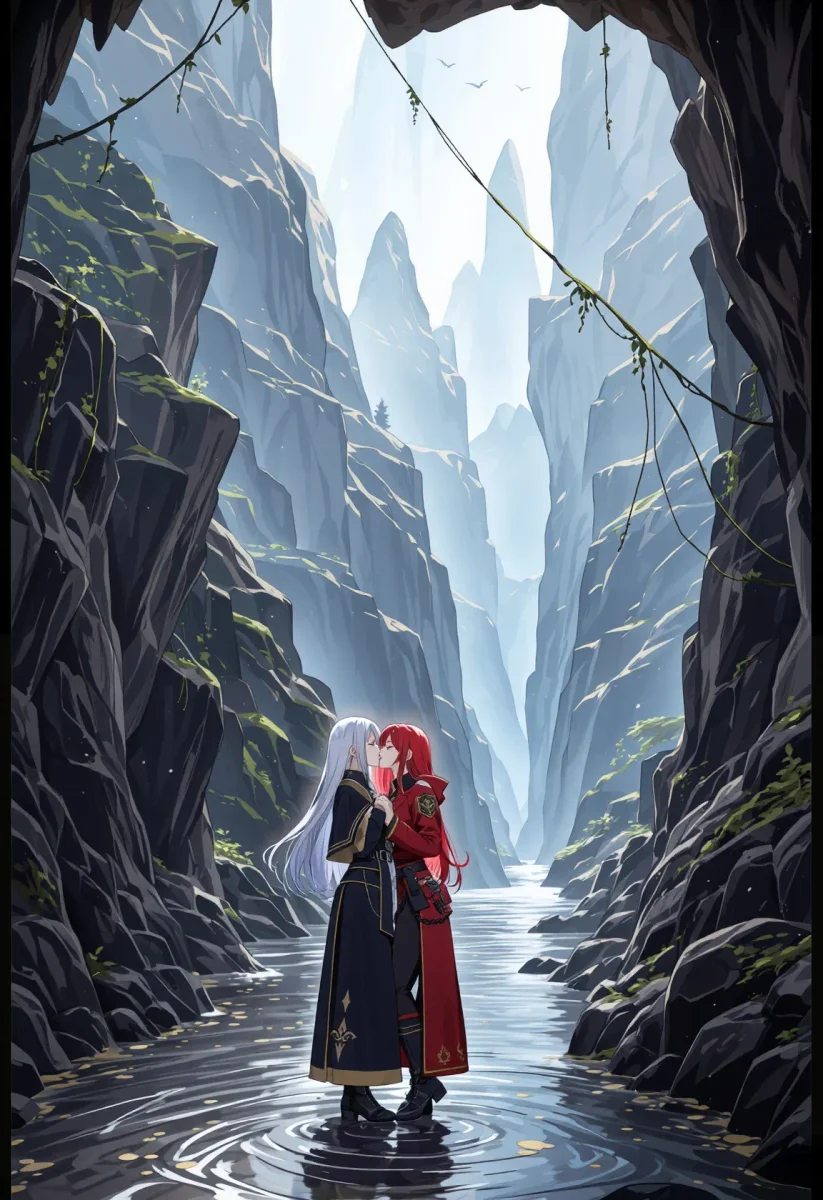 Traveler in a towering mountain gorge — Traveler in a towering mountain gorge. Expressive illustration, harmonious colors, a clear focal point and carefully arranged details.…