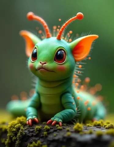 Tiny green dragon on moss — Tiny green dragon on moss. An imaginative character study with distinctive materials, expressive posture and cinematic lighting. Create a new…