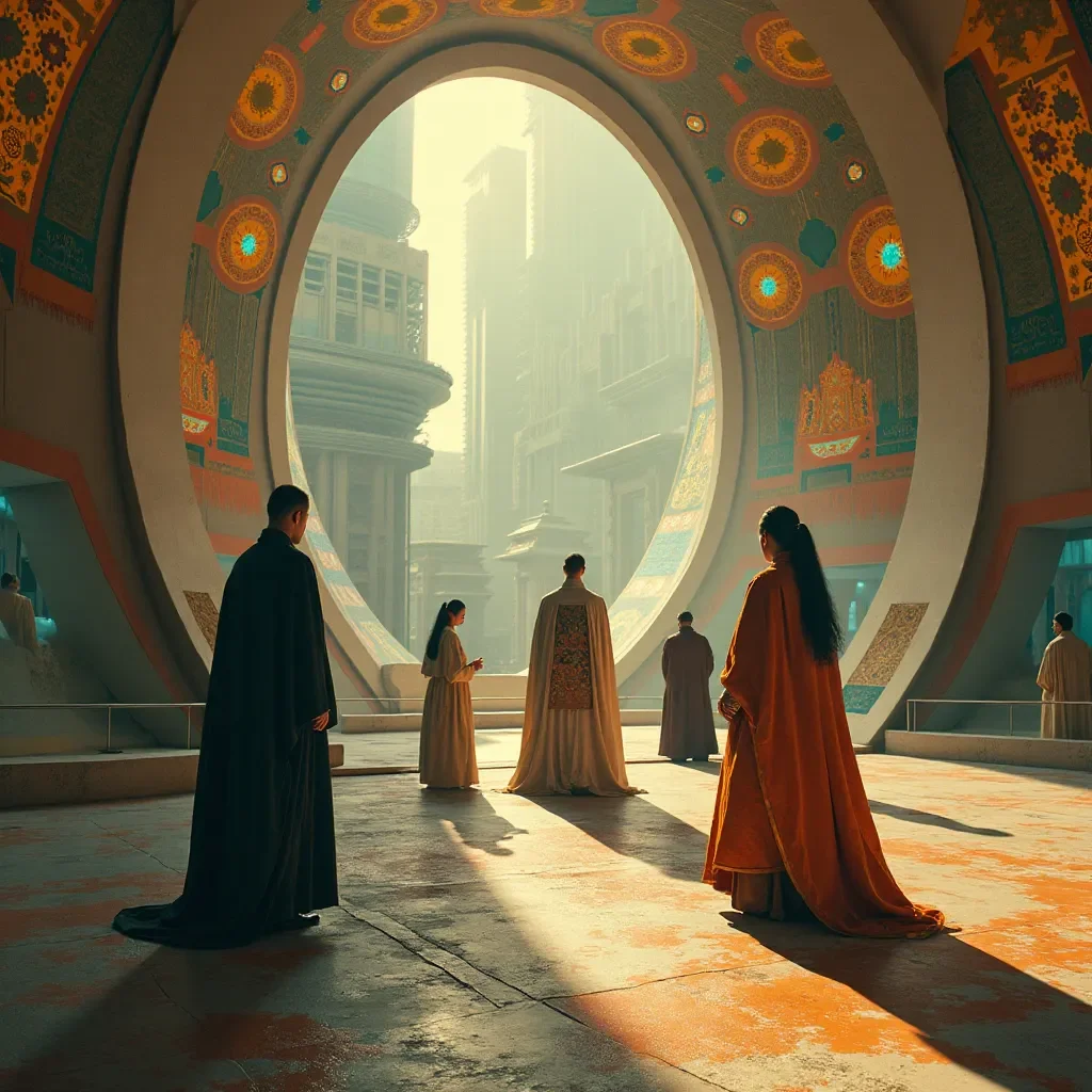 Travelers at a circular gateway — Travelers at a circular gateway. An atmospheric environment with layered depth, coherent lighting and rich environmental detail. Create a new…