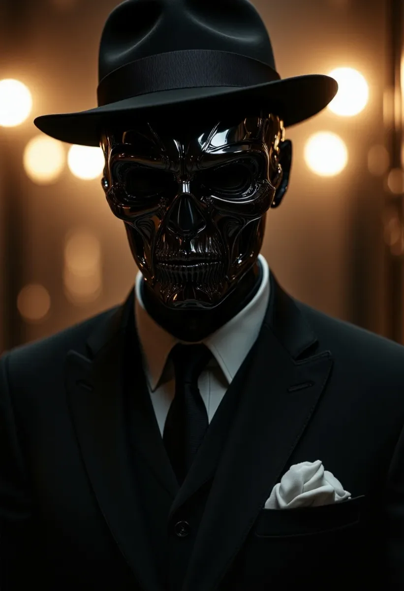 Midnight mechanical gentleman — An original black-metal skull-faced gentleman in a tailored suit and fedora, warm circular lights behind.