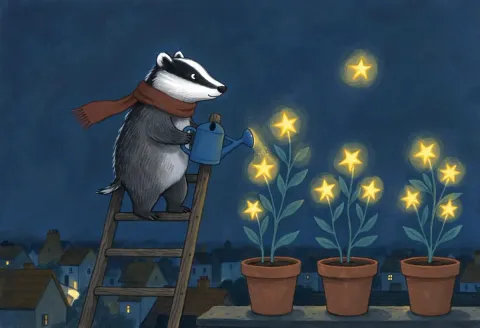 Star gardener — A small badger on a ladder watering potted stars on a rooftop at night, gentle storybook illustration.