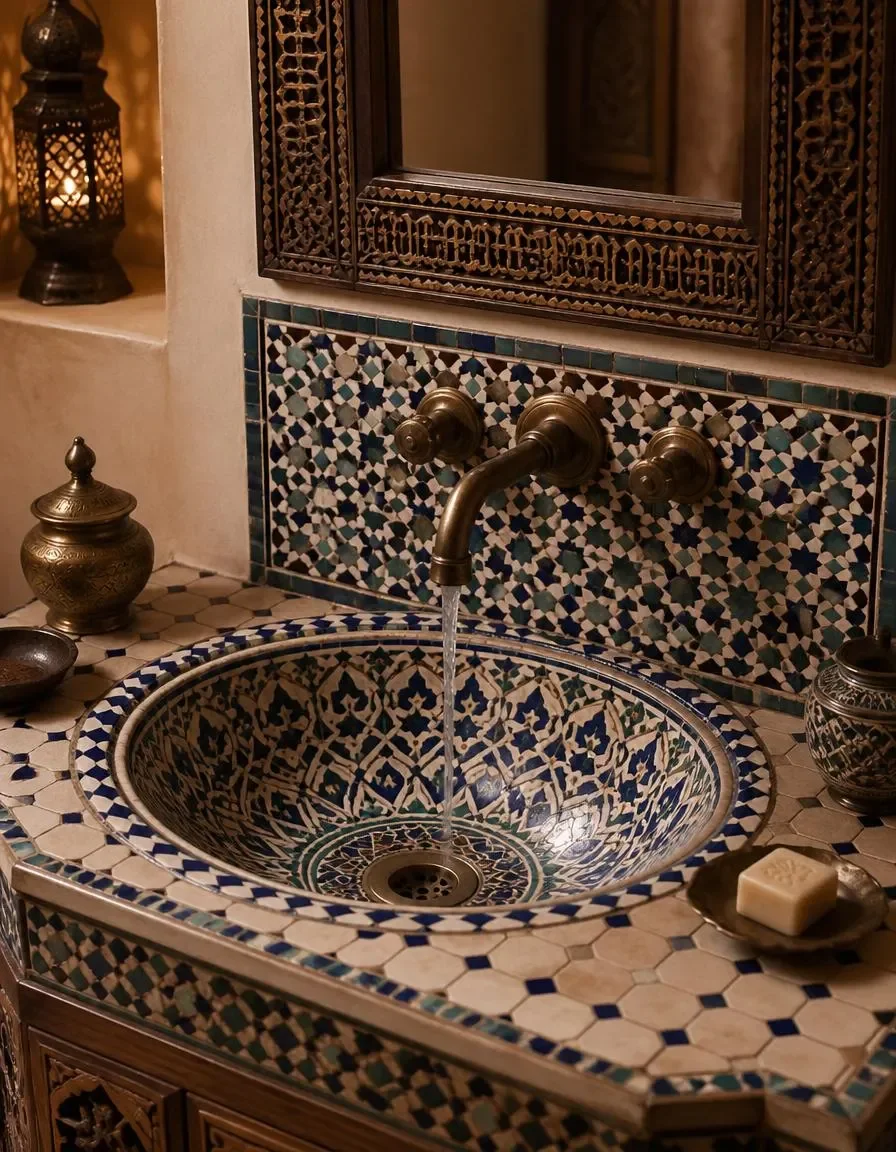 Mosaic washbasin — An intricate blue and gold tiled washbasin with a brass tap, warm lantern light and carved wood details.