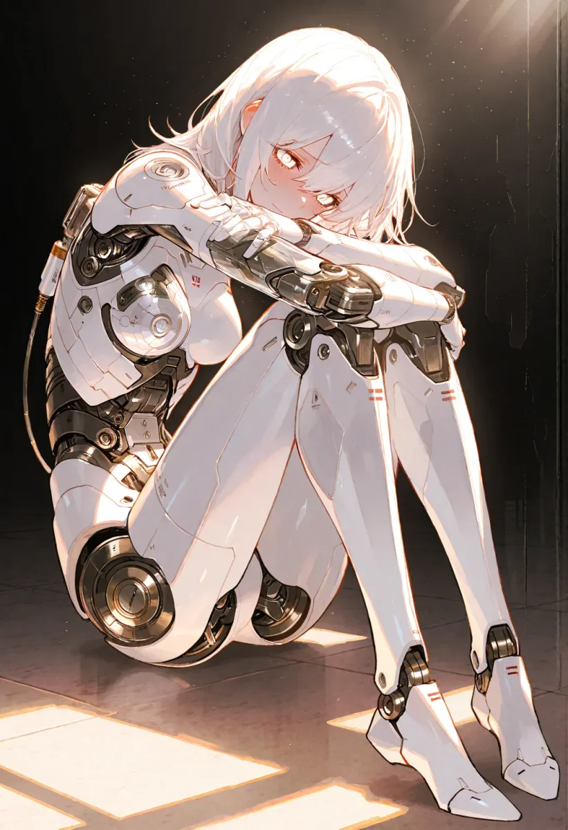 White android resting in sunlight — White android resting in sunlight. An imaginative character study with distinctive materials, expressive posture and cinematic lighting.…