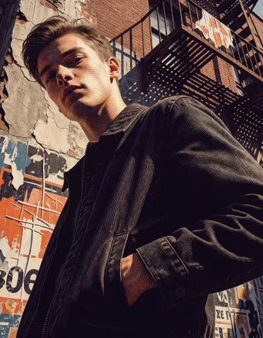 Urban jacket portrait — Urban jacket portrait. Natural photographic detail, balanced composition, expressive light and clear subject separation. Create a new interpretation…
