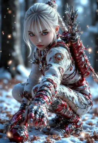 Winter crystal armor — A silver-haired fantasy warrior in intricate red and silver crystal armor, soft snowfall, cold blue light, shallow depth of field, highly detailed…