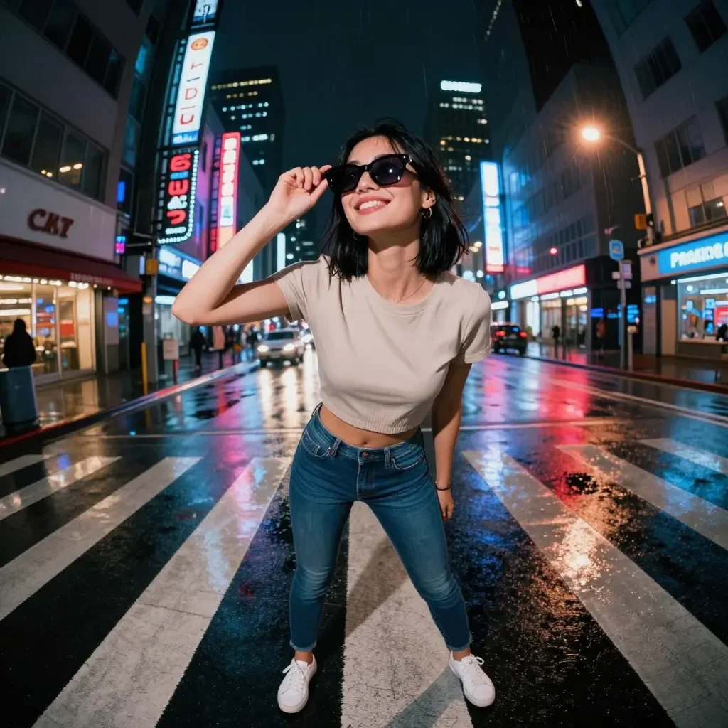 Rainy neon city crossing — Rainy neon city crossing. Natural photographic detail, balanced composition, expressive light and clear subject separation. Create a new…