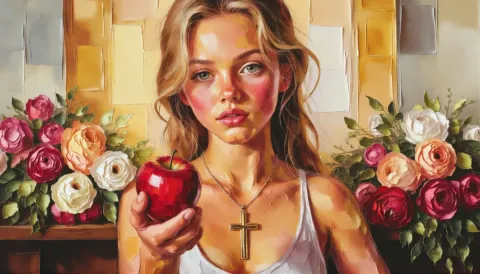 Apple and roses painted portrait — Apple and roses painted portrait. Expressive illustration, harmonious colors, a clear focal point and carefully arranged details. Create a new…