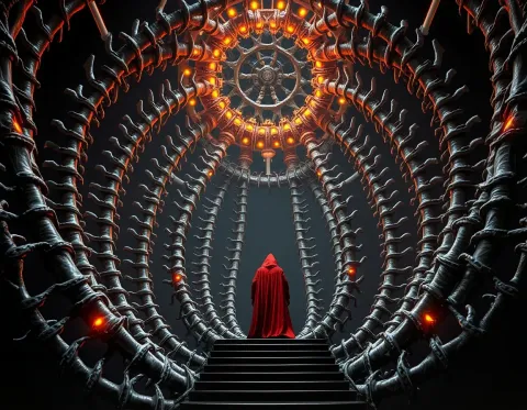 Red traveler in a mechanical tunnel — Red traveler in a mechanical tunnel. An atmospheric environment with layered depth, coherent lighting and rich environmental detail. Create…