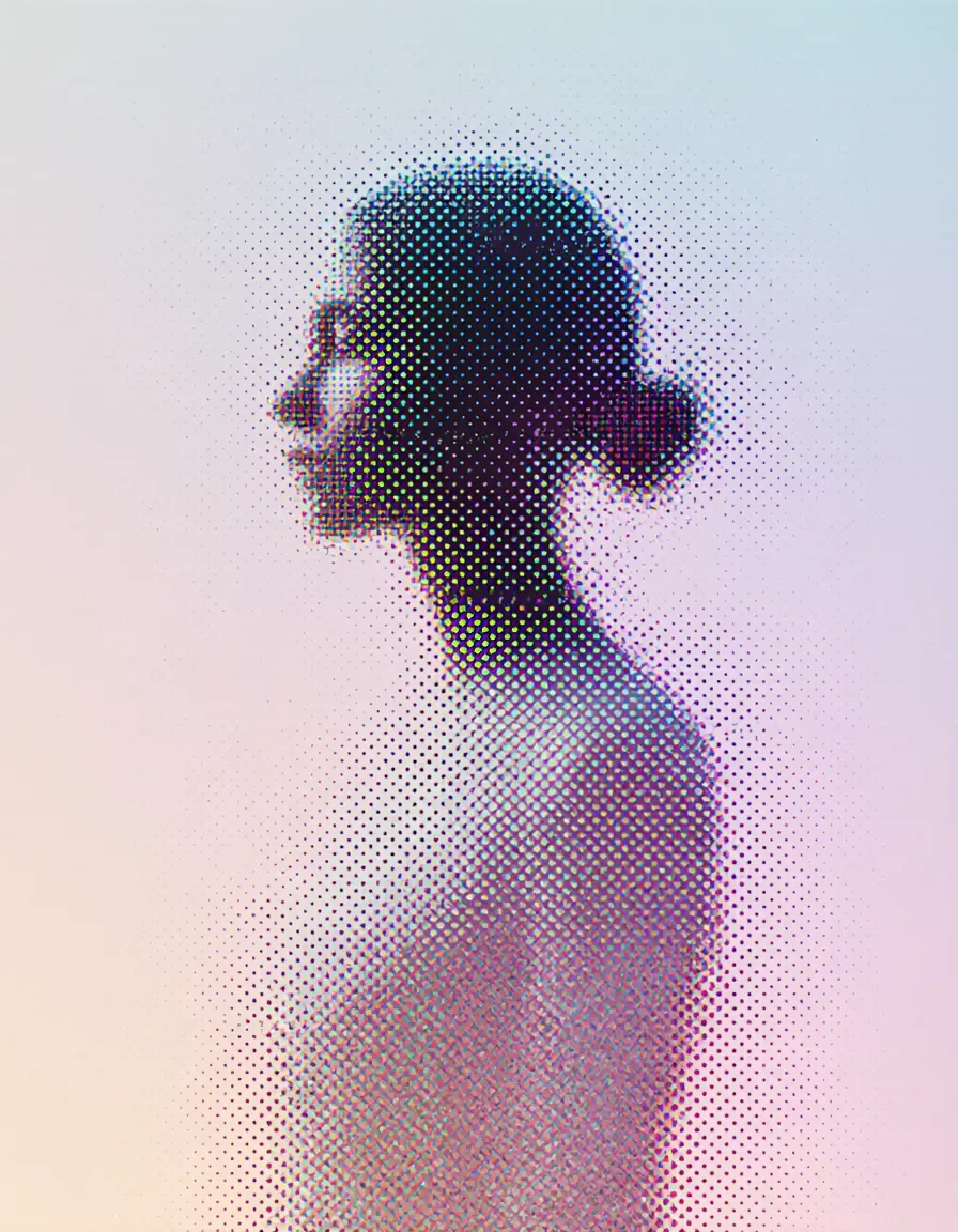 Halftone silhouette — A profile silhouette made of colorful halftone dots on a soft pastel gradient, minimal experimental poster.