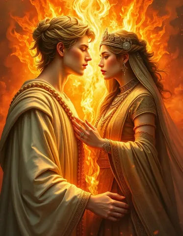 Golden couple surrounded by flames — Golden couple surrounded by flames. Expressive illustration, harmonious colors, a clear focal point and carefully arranged details. Create a…