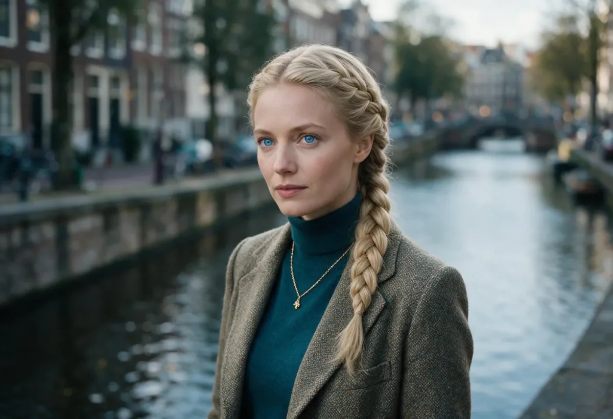 Braided portrait by the canal — Braided portrait by the canal. Natural photographic detail, balanced composition, expressive light and clear subject separation. Create a new…