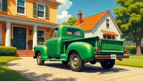 Green vintage pickup in a sunny street — Green vintage pickup in a sunny street. A carefully composed still life with clear material textures, controlled lighting and a clean…