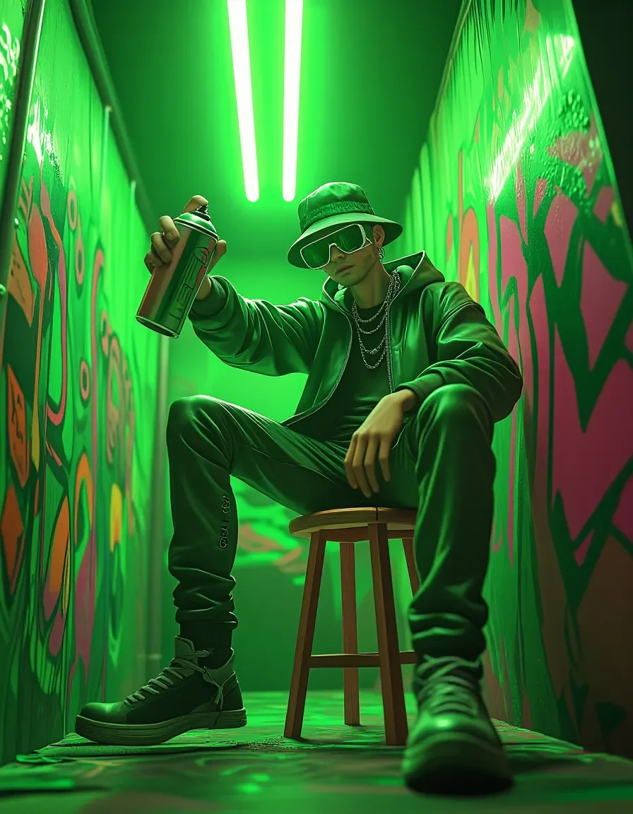 Green neon streetwear portrait — Green neon streetwear portrait. Expressive illustration, harmonious colors, a clear focal point and carefully arranged details. Create a new…