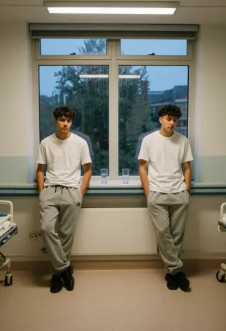 Twin figures by a classroom window — Twin figures by a classroom window. Natural photographic detail, balanced composition, expressive light and clear subject separation. Create…