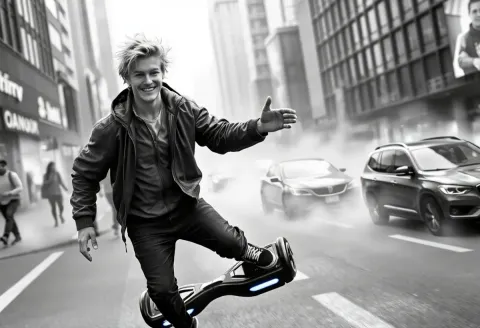 Monochrome hoverboard city scene — Monochrome hoverboard city scene. Natural photographic detail, balanced composition, expressive light and clear subject separation. Create a…