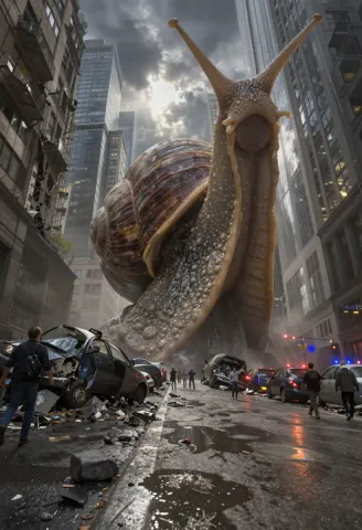 Giant city snail — A colossal snail moving between skyscrapers on a rainy street, tiny vehicles emphasizing scale, cinematic realism.
