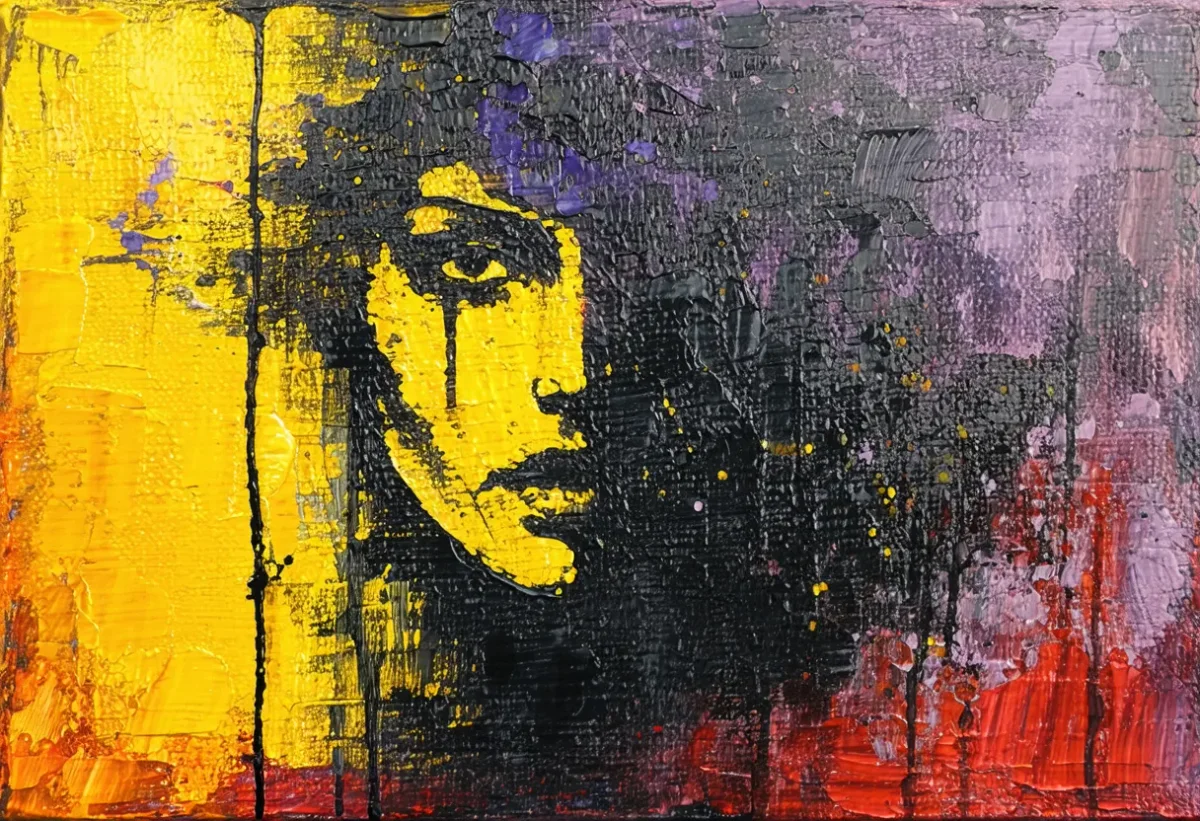 Yellow and purple textured portrait — Yellow and purple textured portrait. Expressive illustration, harmonious colors, a clear focal point and carefully arranged details. Create…