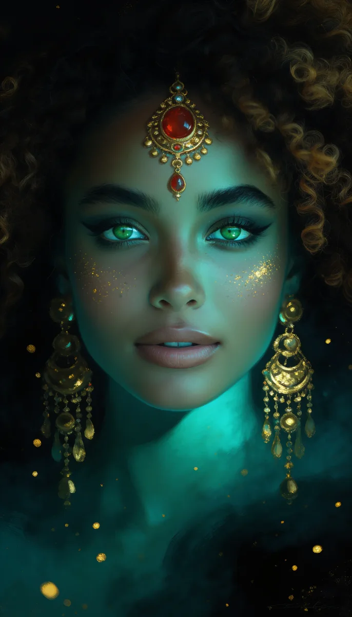 Emerald light jeweled portrait — Emerald light jeweled portrait. Expressive illustration, harmonious colors, a clear focal point and carefully arranged details. Create a new…