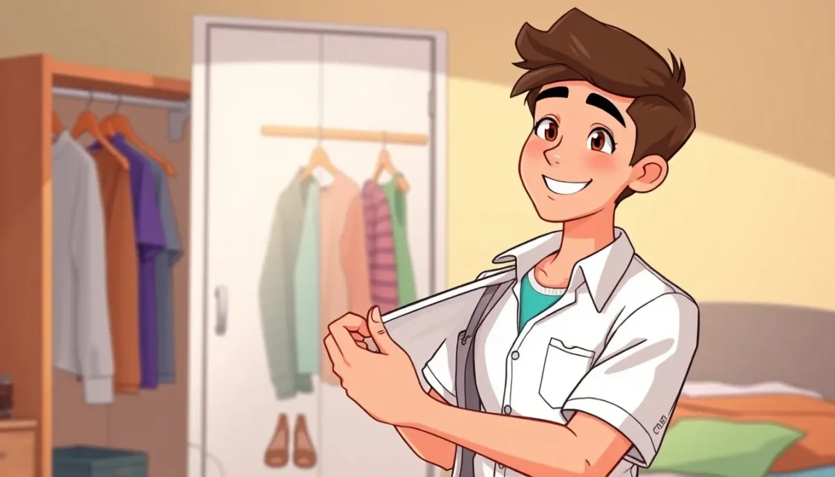 Cartoon character choosing clothes — Cartoon character choosing clothes. Expressive illustration, harmonious colors, a clear focal point and carefully arranged details. Create a…