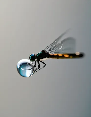 Dragonfly droplet — A delicate dragonfly holding a clear blue water droplet, gray background and precise macro focus.