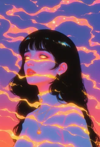 Electric sunset portrait — A stylized portrait with a dark bob haircut, orange glowing cloud bands flowing across the face and shoulders, lavender background, luminous digital…