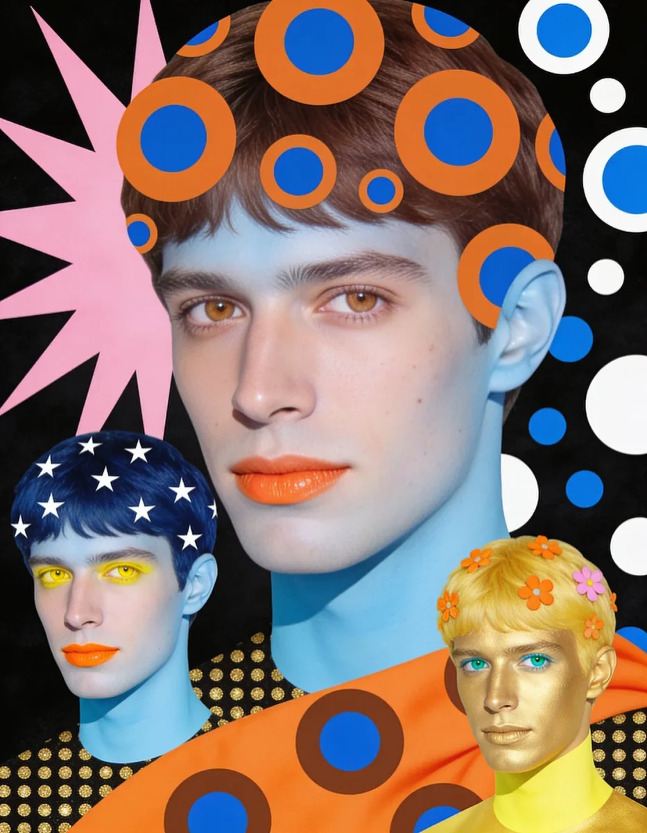 Graphic color portraits — A collage of stylized faces with blue skin tones, orange lips and bold circular patterns, playful graphic design.