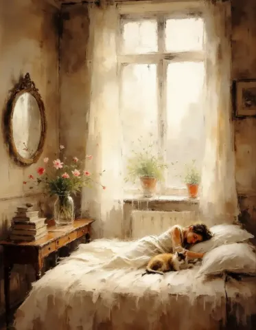 Warm bedroom painting with a cat — Warm bedroom painting with a cat. Expressive illustration, harmonious colors, a clear focal point and carefully arranged details. Create a new…