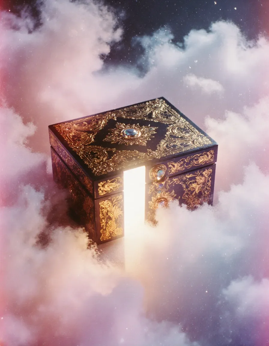 Box above the clouds — An ornate golden cube floating among pink clouds, a glowing open doorway and tiny stars, magical surreal scene.
