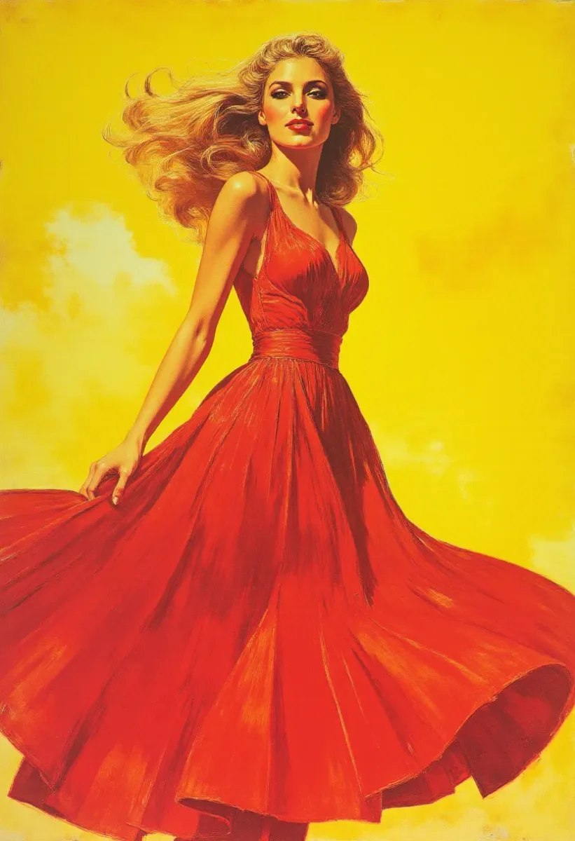 Red dress on golden yellow — Red dress on golden yellow. Expressive illustration, harmonious colors, a clear focal point and carefully arranged details. Create a new…