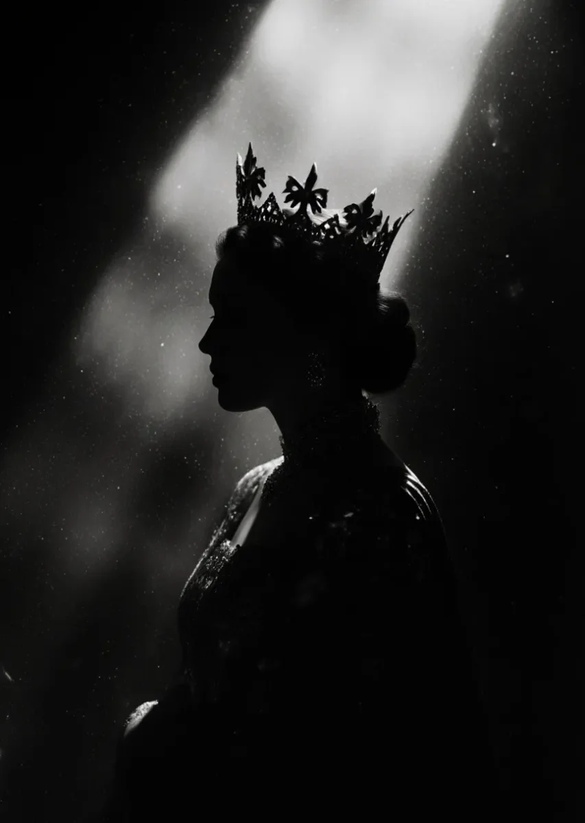 Crowned silhouette — A dark side-profile silhouette wearing a delicate crown, narrow dramatic white light through smoky shadows, monochrome cinematic portrait.