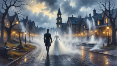 Misty couple in a glowing town — Misty couple in a glowing town. Expressive illustration, harmonious colors, a clear focal point and carefully arranged details. Create a new…