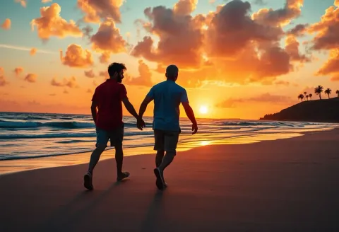 Couple walking along a sunset beach — Couple walking along a sunset beach. Natural photographic detail, balanced composition, expressive light and clear subject separation.…