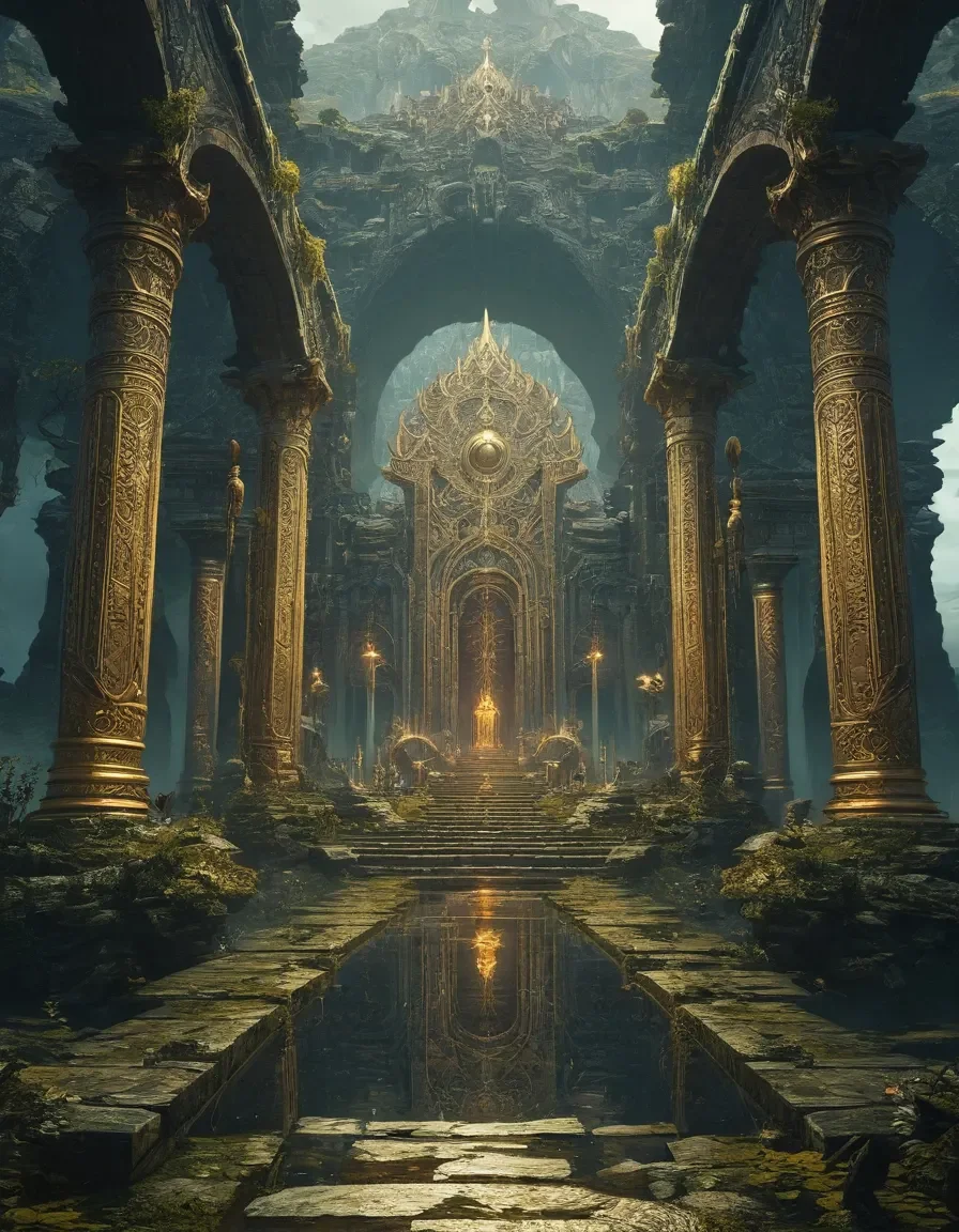 Overgrown golden temple — Overgrown golden temple. An atmospheric environment with layered depth, coherent lighting and rich environmental detail. Create a new interpretation…