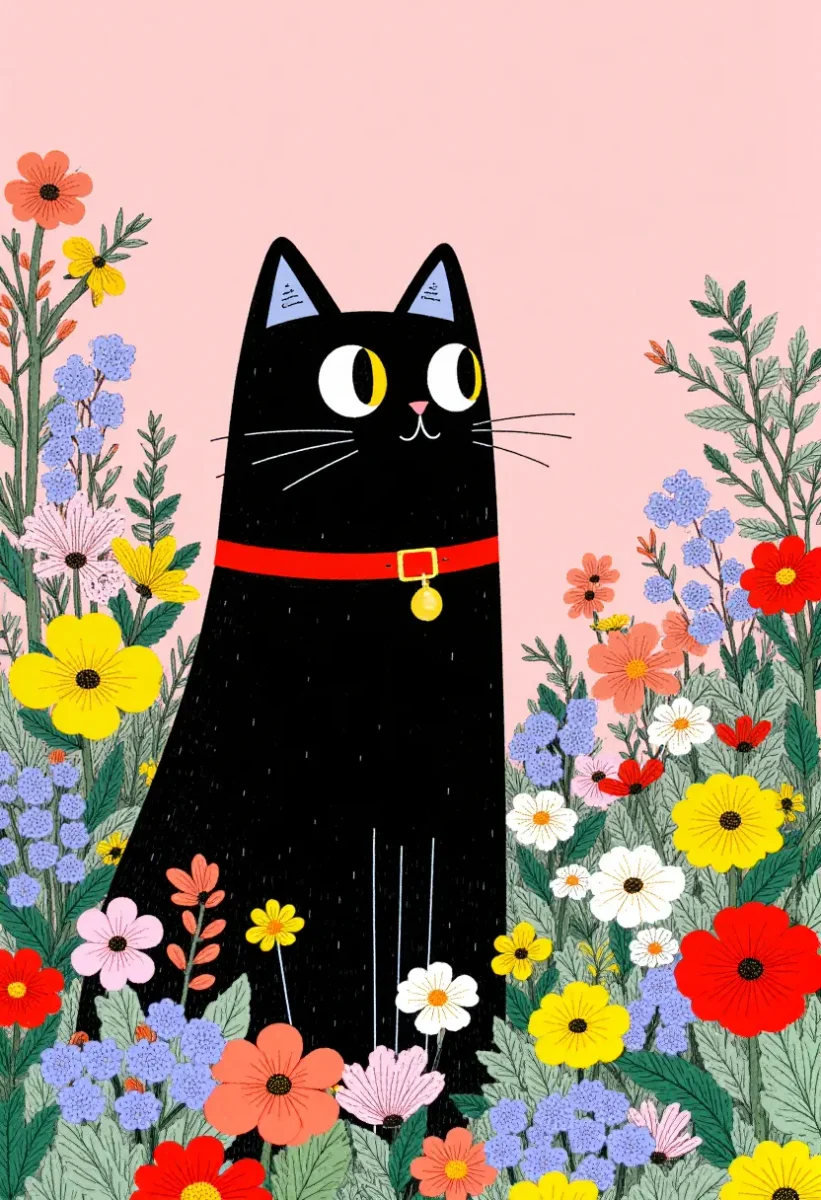 Garden black cat — A simple black cat with bright yellow eyes surrounded by colorful wildflowers on a pink background, cheerful flat illustration.