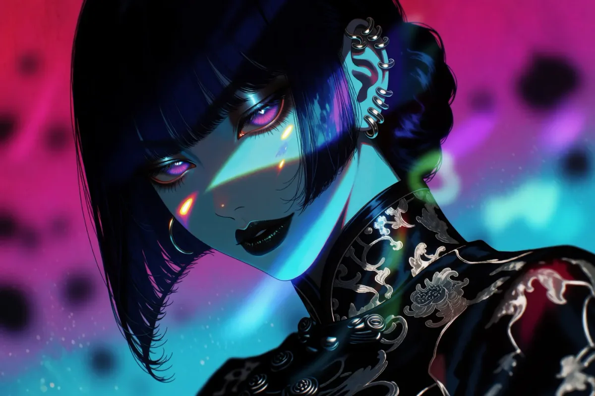 Cyberpunk makeup — An original character with short dark hair and cyan face lighting, ornate ear accessories and a magenta background.