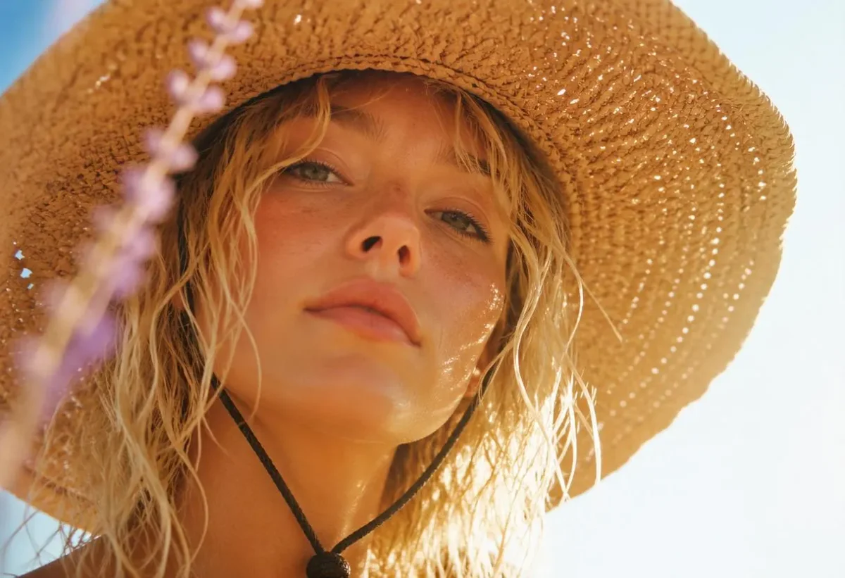 Summer straw hat — A sunlit portrait beneath a wide straw hat, lavender flowers in the foreground, hazy golden summer colors.