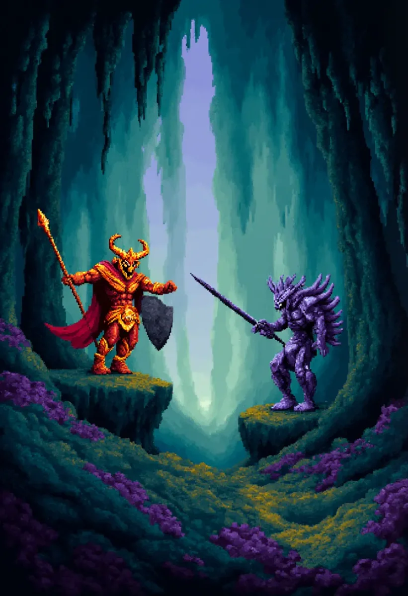 Pixel fantasy cave duel — Pixel fantasy cave duel. Expressive illustration, harmonious colors, a clear focal point and carefully arranged details. Create a new interpretation…