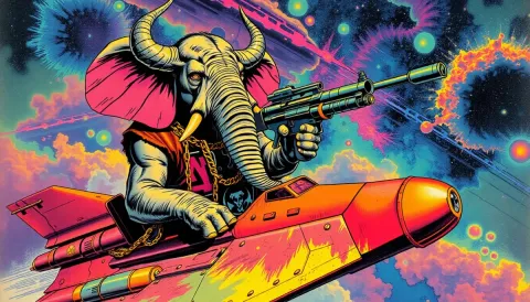 Space elephant on a rocket — Space elephant on a rocket. Expressive illustration, harmonious colors, a clear focal point and carefully arranged details. Create a new…