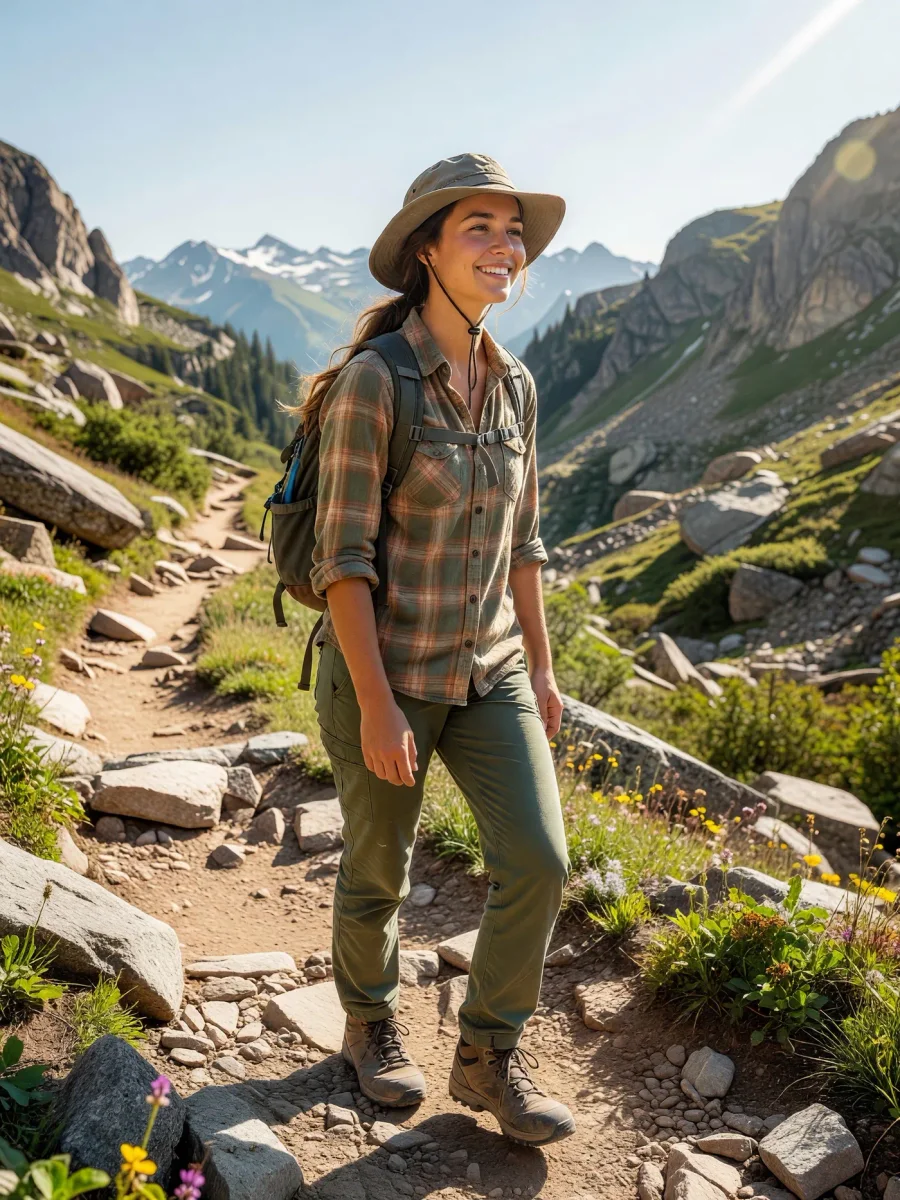 Hiker on a sunny mountain trail — Hiker on a sunny mountain trail. Natural photographic detail, balanced composition, expressive light and clear subject separation. Create a new…